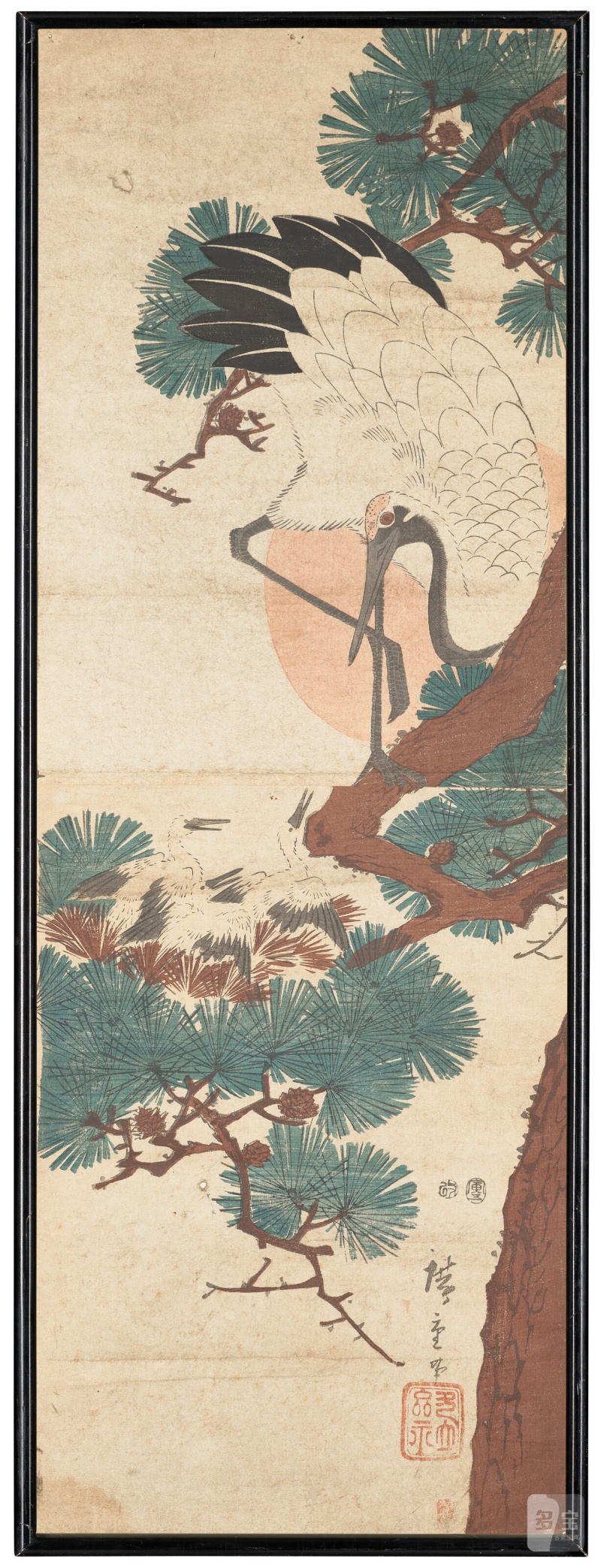 UTAGAWA HIROSHIGE (1797-1858)  Crane on a pine branch with a nest of three young, rising sun in background. - 图4